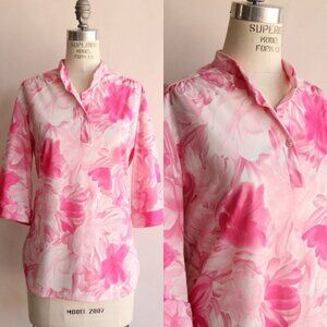 Vintage 1960s Blouse, Ro-Vel Pink And White Floral Print Nylon Top, Nehru Collar